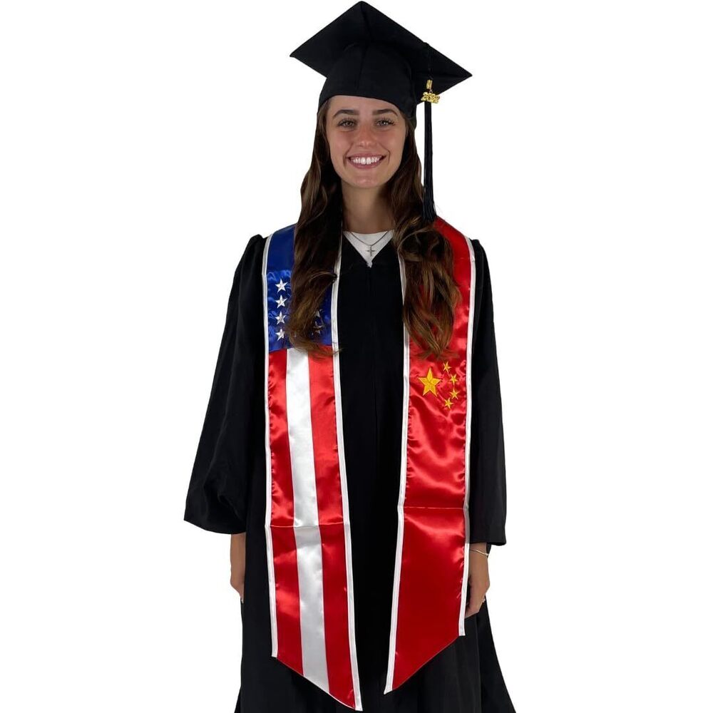 2898 Two Flag Graduation Sash Stole USA + International China & USA